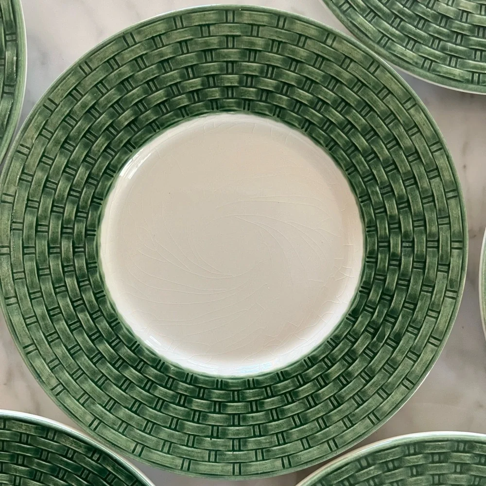 Pier 1 Stackable Coffee Mug & Basket Weave Green/white Saucer Set Of 6 Italy